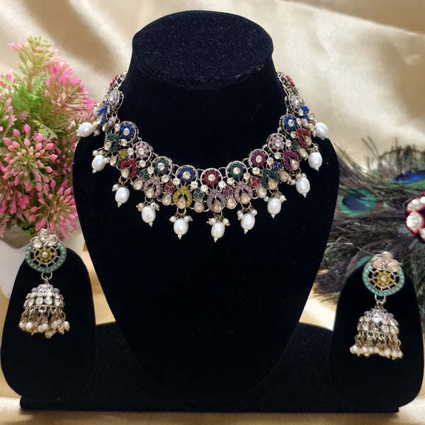 Multicolor Enamel & Pearl Drop Necklace Set