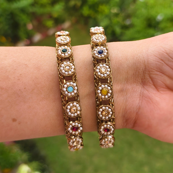 Regal Pearl & Multistone Kundan Bangles - 2.8 Size
