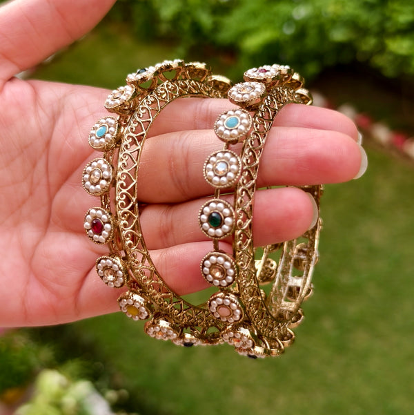Regal Pearl & Multistone Kundan Bangles - 2.8 Size