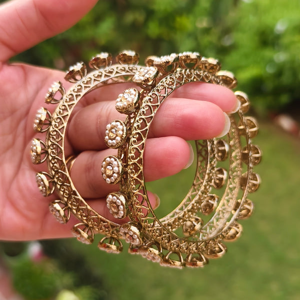 Regal Pearl & Single stone Kundan Bangles - 2.4 Size