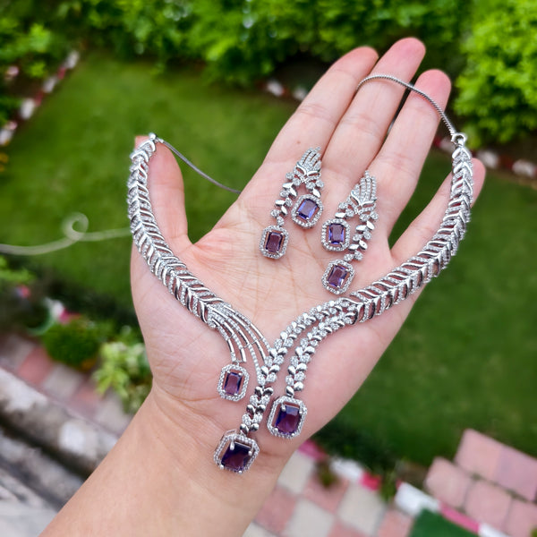 Elegant Indo-Western Necklace Set with Purple Stones