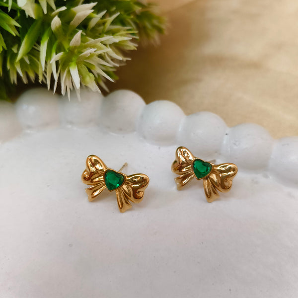 Gold Plated Bow Stud Earrings with Green Heart Stone