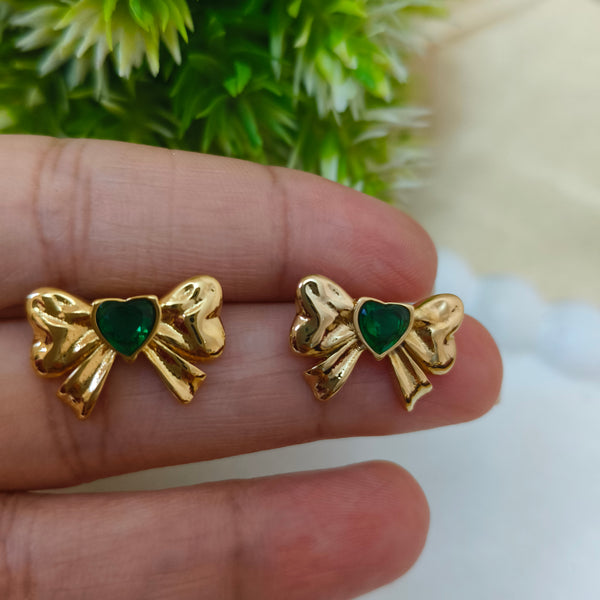 Gold Plated Bow Stud Earrings with Green Heart Stone