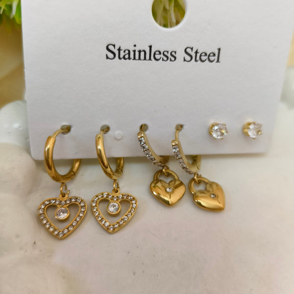 Gold Plated Heart & Stud Earrings Set – 3 Pairs