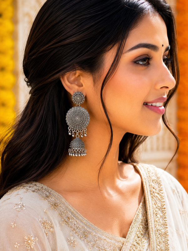 Oxidized Silver Mandala Jhumka Earrings