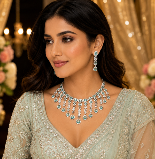 Luxurious Emerald Cascade AD Necklace Set