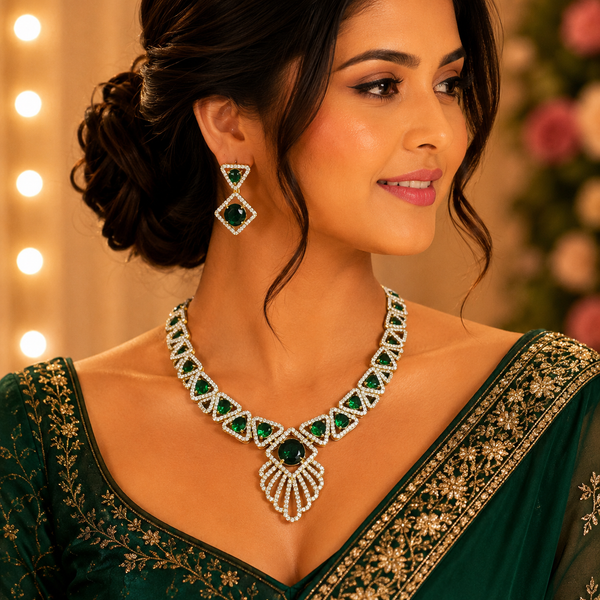 Emerald Aura American Diamond Necklace Set
