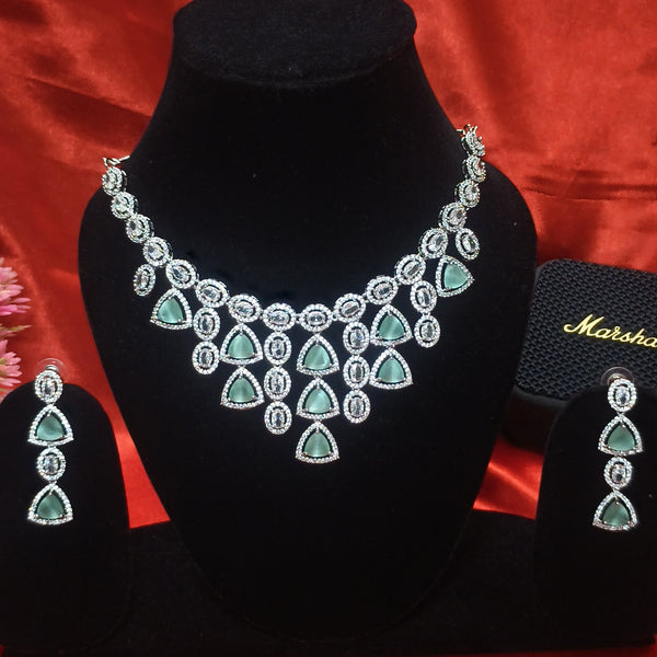 Triangular Green Stone American Diamond Necklace Set