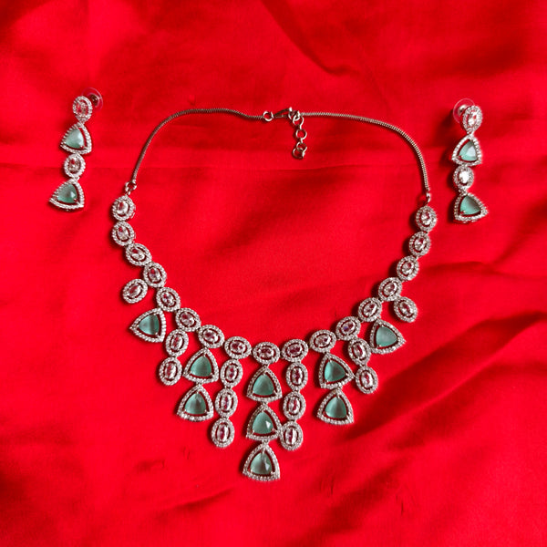 Triangular Green Stone American Diamond Necklace Set