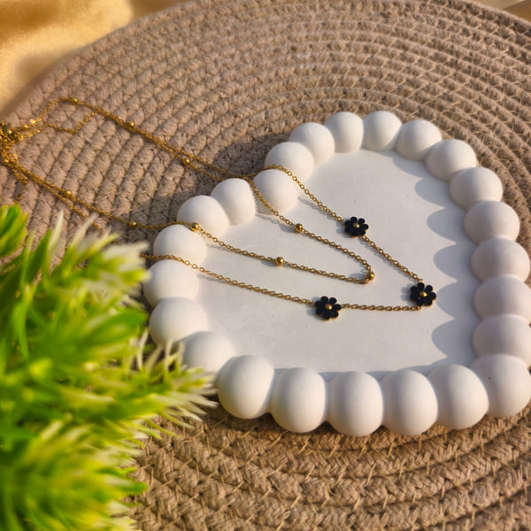 Two-Layer Black Flower Pendant Chain