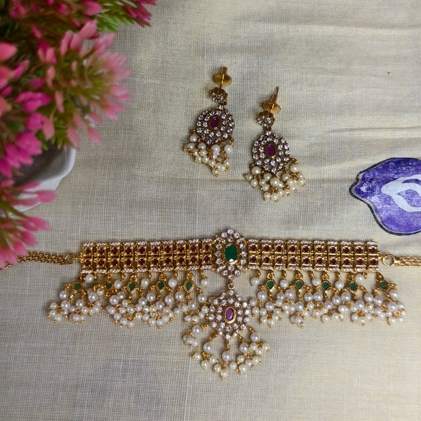 Rajsi Pearl Kundan Choker Necklace Set
